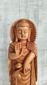 Standing Hand-Carved Wooden Buddha Statue in Abhaya Mudra